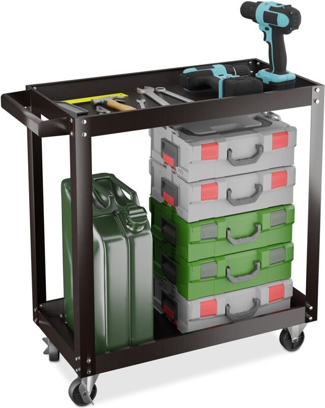 Werkstattwagen, Werkzeugwagen mit 2 Ebenen, mobiler Montagewagen, bis 100 kg, HxBxT: 76 x 78 x 35 cm, schwarz - Relaxday...