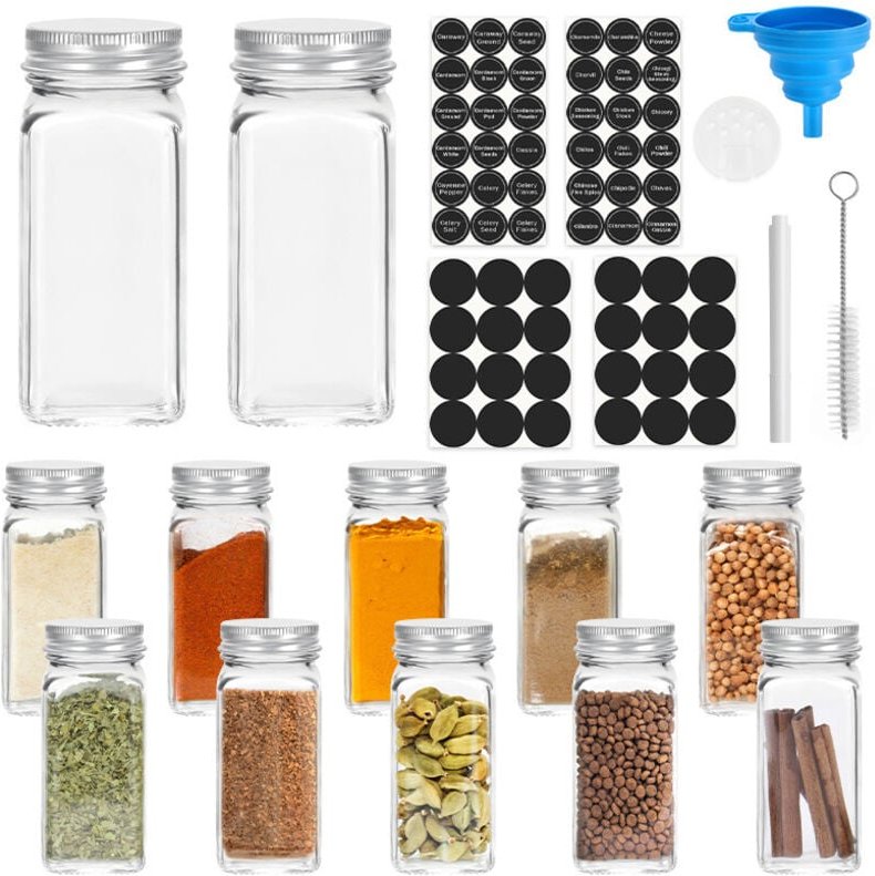 Thumbnail - SWANEW Gewürzgläser Eckig 24 Stück 120ml Glas Gewürzdosen mit Streueinsatz, Wasserdicht Etiketten, Trichter, Reinigungsb...