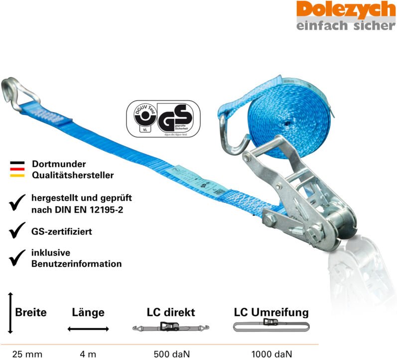 42252031 Zurrgurt din en 12195-2 Länge 4 m Breite 25 mm mit Ratsche + s - Dolezych