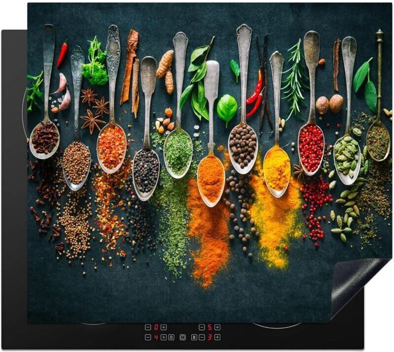 Kochfeldabdeckung, Küchendekoration, Schutzmatte, Induktionsschutz, 40 x 60 cm, Kräuter – Gewürze – Löffel