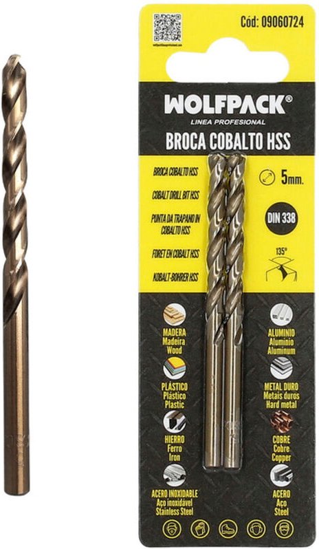 Zylindrischer HSS-Kobalt-Bohrer 5,00 mm. Blister 2 Stück.