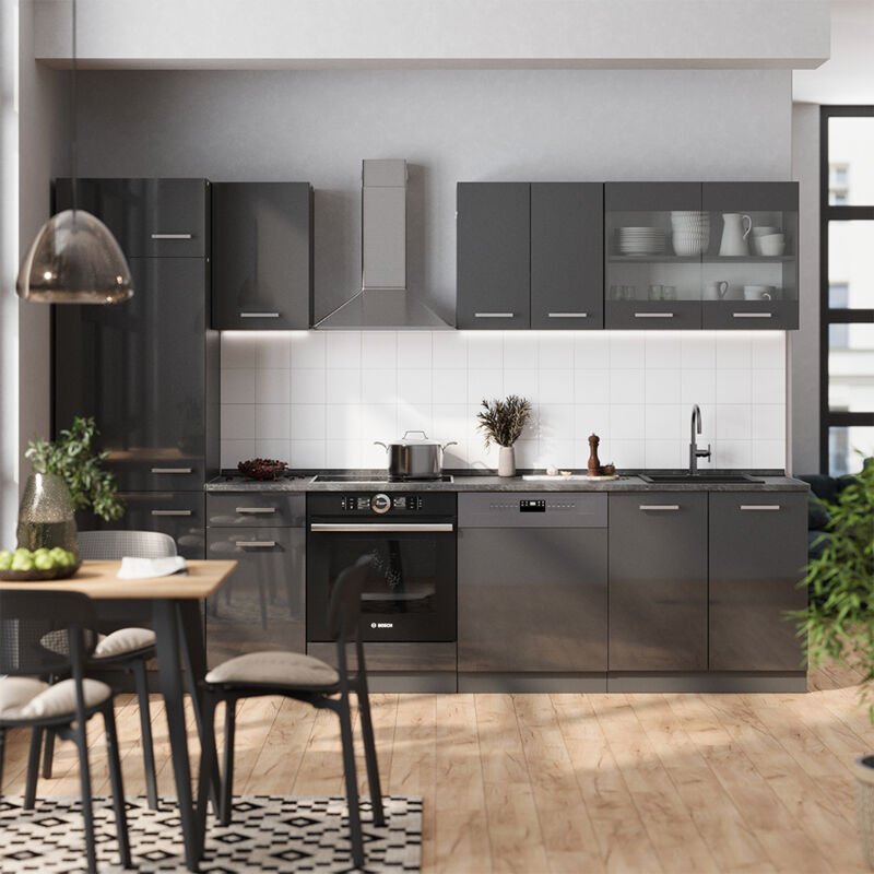 Thumbnail - Vicco - Küchenzeile R-Line, Anthrazit Hochglanz/Anthrazit, 300 cm , ap Eiche