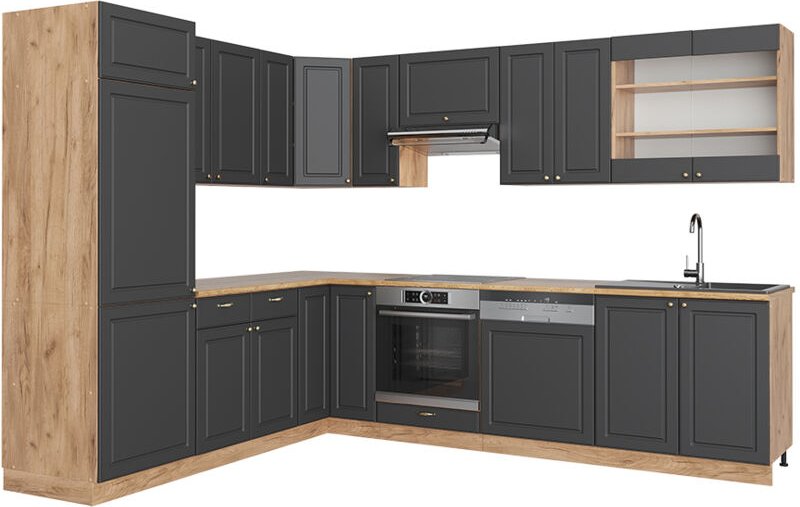 Vicco - Eckküche Fame-Line, Anthrazit Landhaus/Goldkraft Eiche, 227 x 60 cm ohne Arbeitsplatte