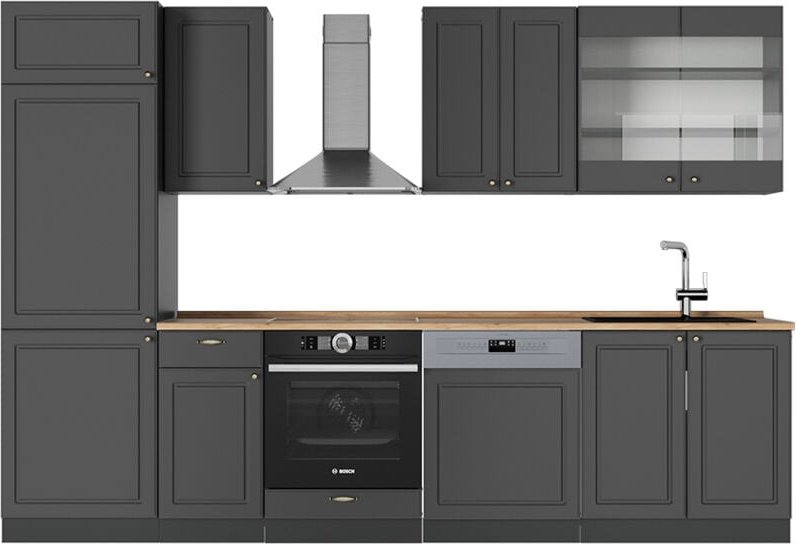 Küchenzeile Fame-Line, Anthrazit-Gold Landhaus, 300 cm , AP Eiche, Vicco