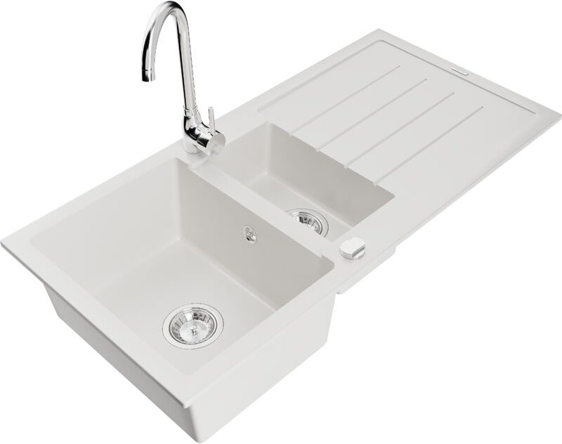 Mexen Andres 1,5-Becken-Granitspüle mit Abtropffläche und Mischbatterie Telma, Weiß - 6515-20-670200