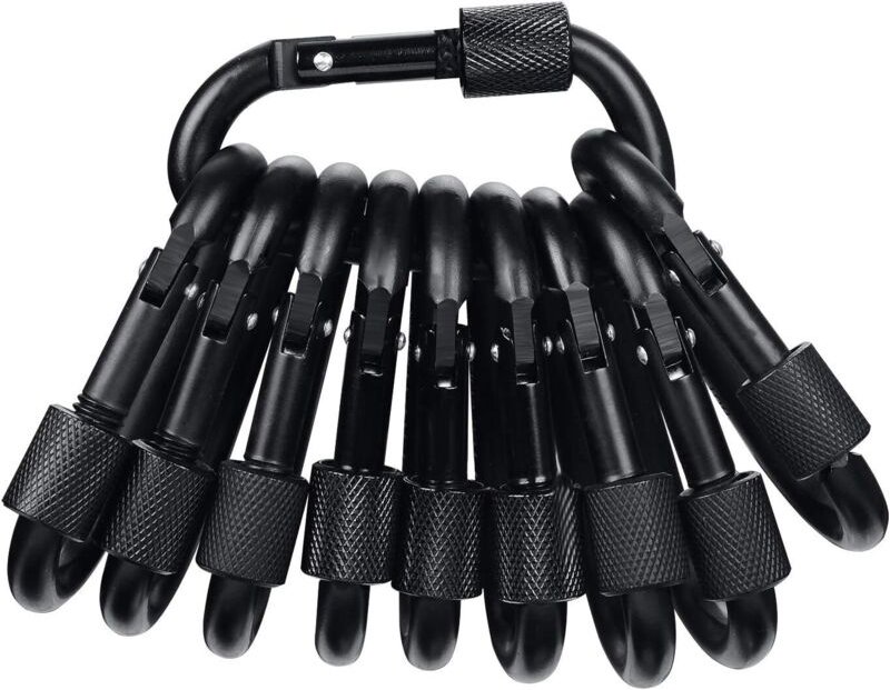 10er-Pack Karabinerhaken mit Aluminium-Torschnalle für Camping, Angeln, Wandern und Schlüsselanhänger – Schwarz