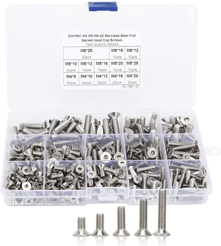 260 Stück M4 M5 M6 304 Edelstahl Sechskant-Senkkopfschrauben – Profi-Pack für Elektronik und Heimwerker – Exportqualität