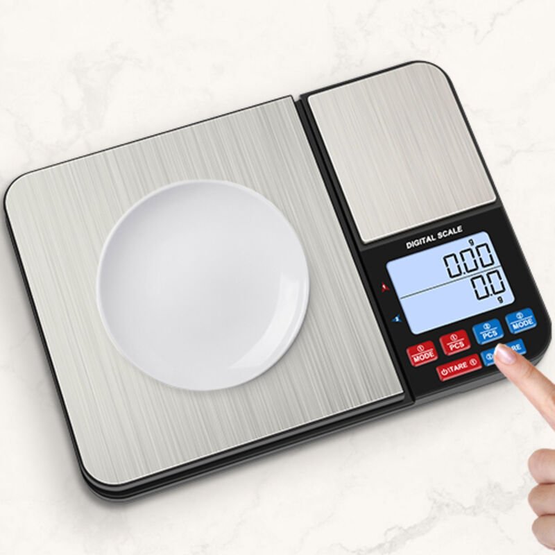 Digitale Küchenwaage mit zwei Plattformen, 10 kg/1 g und 500 g/0,01 g, hochpräzise Lebensmittelwaage, 7 Einheiten, Tara-...