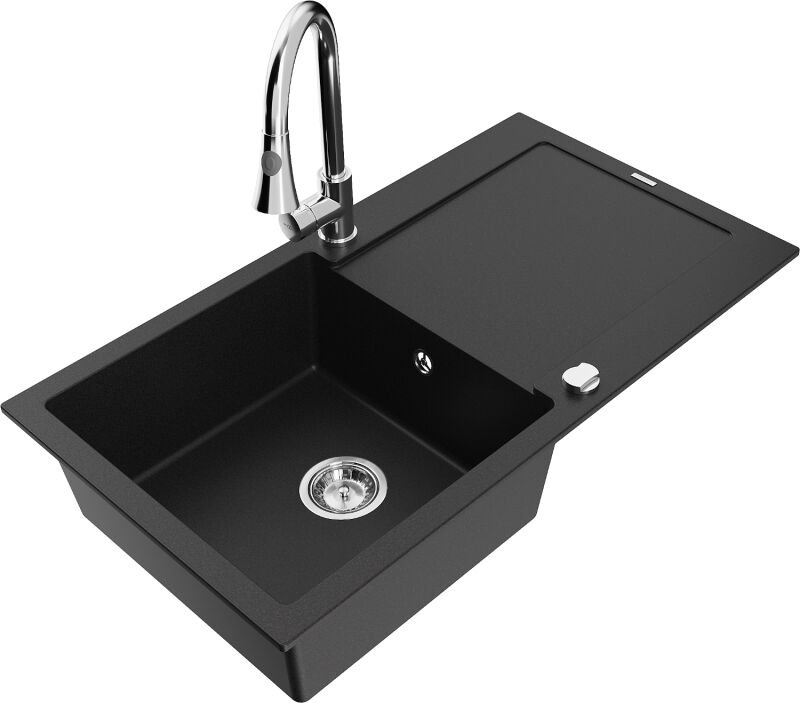 Leo 1 Becken-Granitspüle mit Abtropffl√§che und Mischbatterie Elia, Schwarz - 6501-77-670101-00 - Mexen