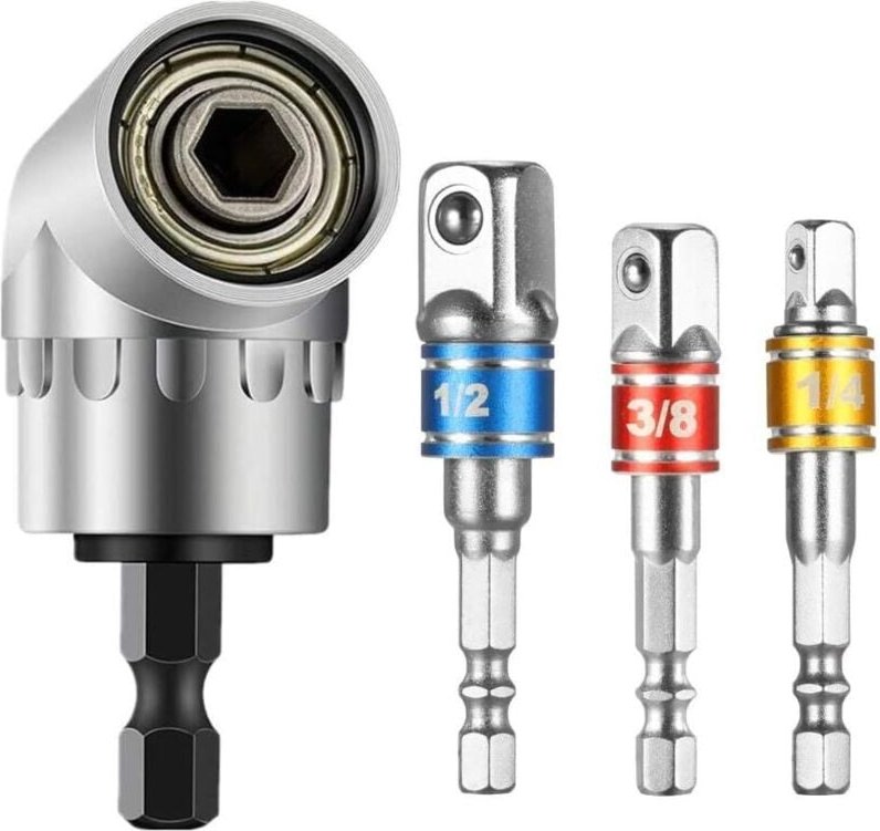 Thumbnail - X rechtwinkliger Bohrer und 3 x Steckschlüssel-Adapter, 1/2 Zoll, 3/8 Zoll, 1/4 Zoll Winkelantrieb, 105-Grad-Schraubendr...
