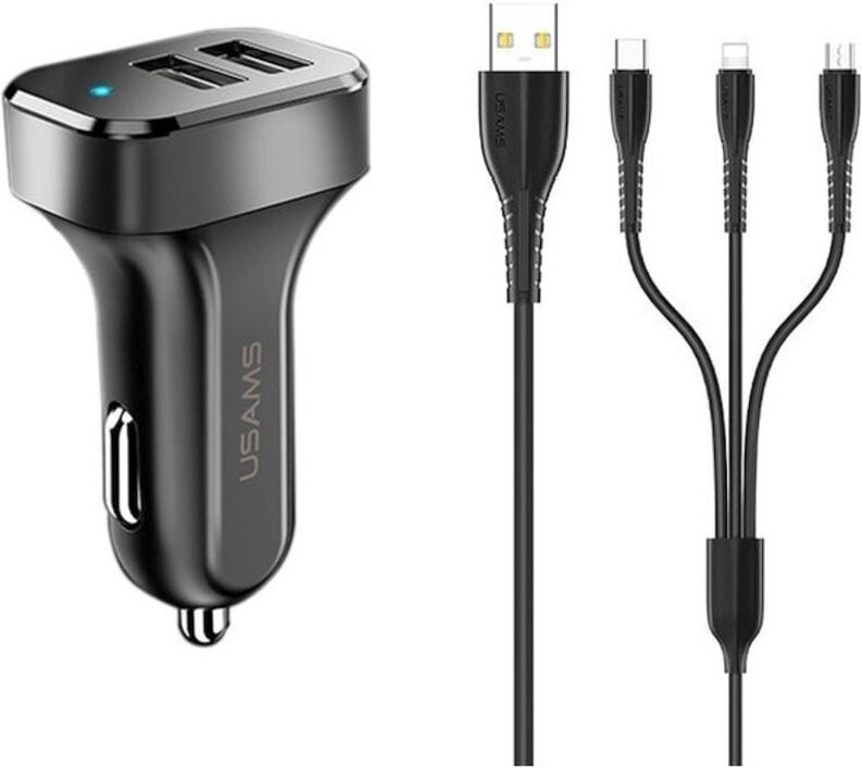 USAMS Autoladegerät 2xUSB C13 21A 3in1 microUSBUSBClightning schwarzschwarz NTU35YTSC13TZ