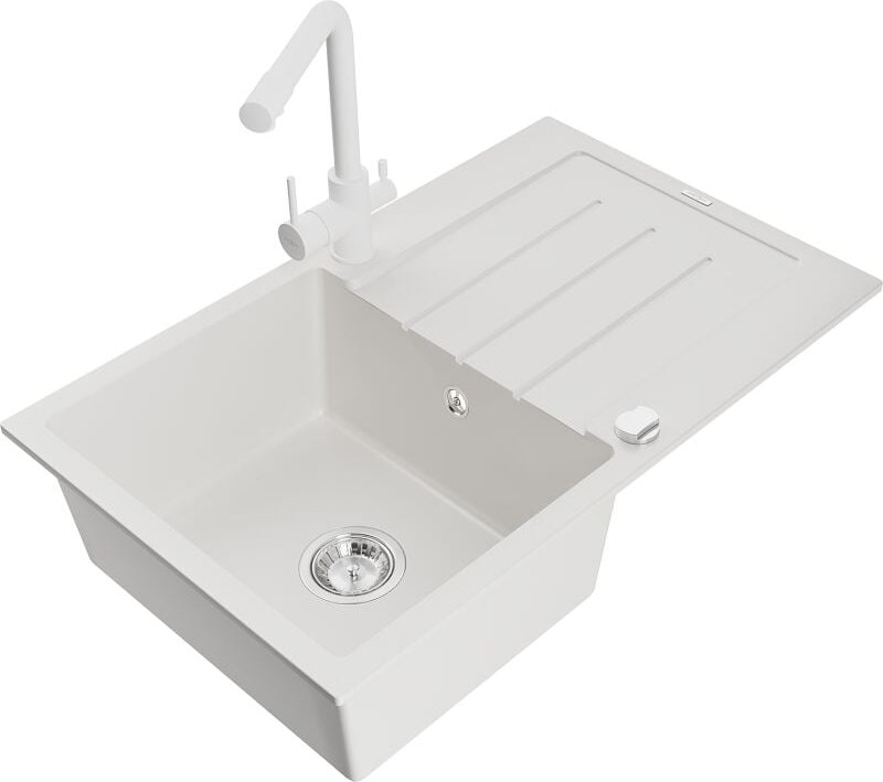 Bruno 1 Becken-Granitspüle mit Abtropffl√§che und Mischbatterie Duero, Wei√ü - 6513-20-671600-20 - Mexen