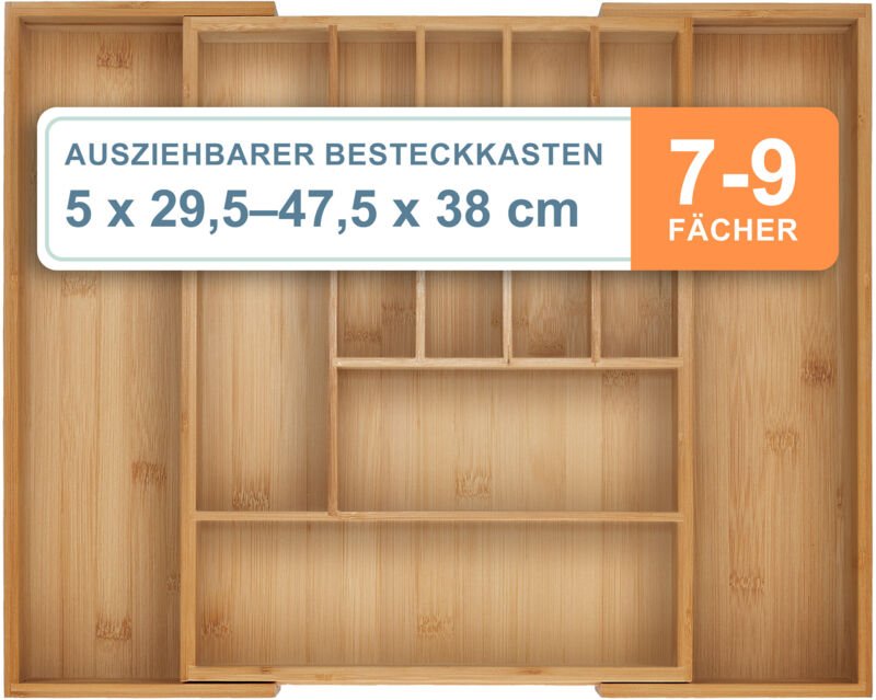 Relaxdays - Besteckkasten, 7–9 Fächer, ausziehbarer Besteck Schubladeneinsatz, HxBxT: 5 x 29,5-47,5 x 38 cm, Bambus, nat...