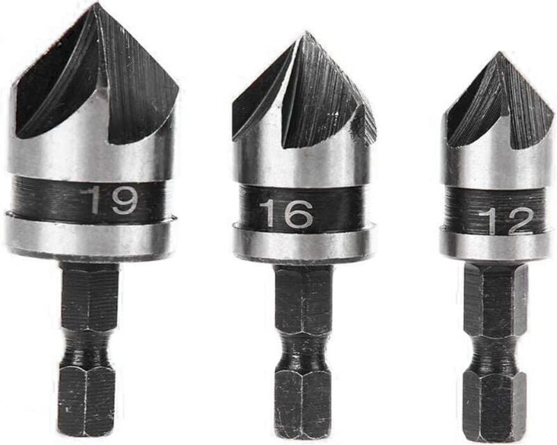Thumbnail - Shining House - 90-Grad-Fasenbohrer-Set mit 5 Nuten für Holz, Metall, Schnellwechsel, 1/4 Zoll Sechskant-Fasenbohrer, Ka...