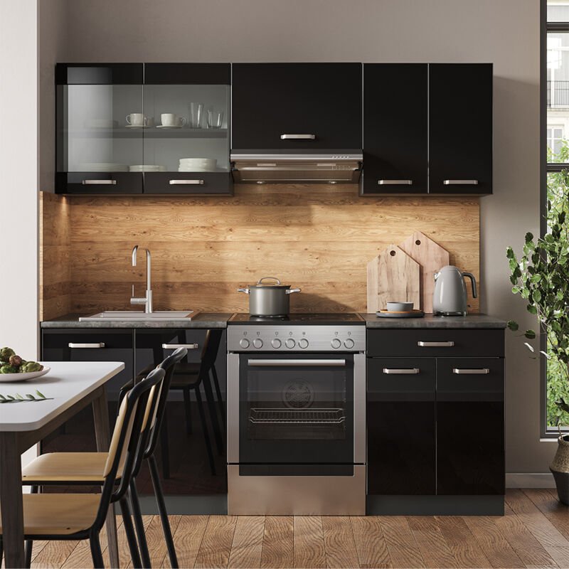 Vicco - Küchenzeile R-Line, Schwarz Hochglanz/Anthrazit, 200 cm ohne Arbeitsplatte