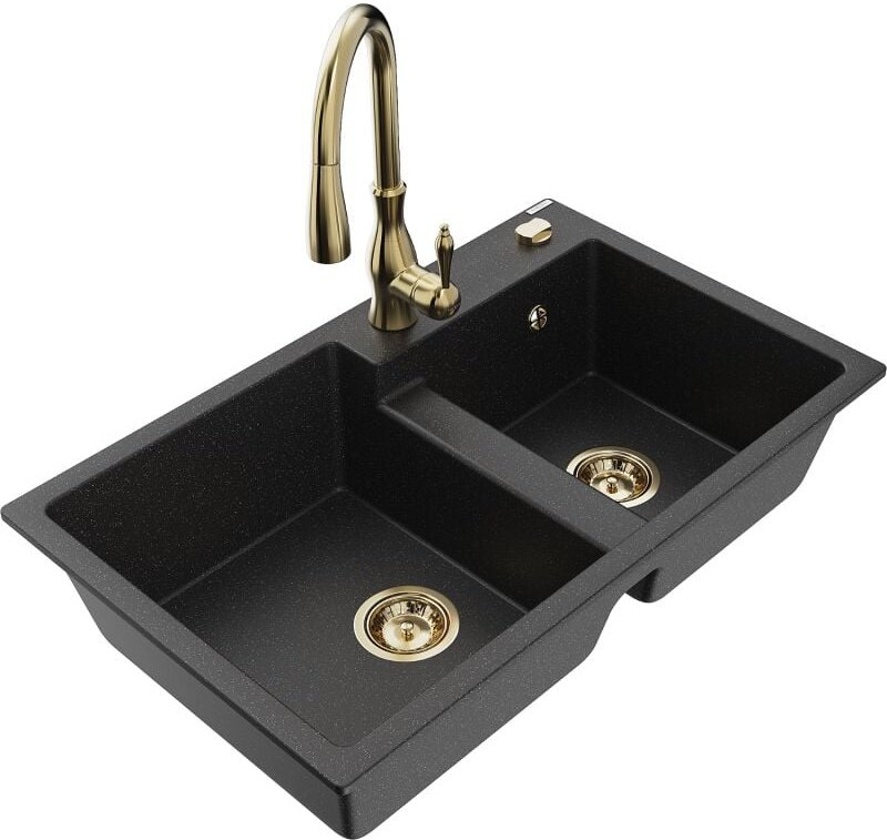 Tomas 2-Becken-Granitspüle mit Mischbatterie Savita, Schwarz/Silbermetallic - 6516-73-672601-50 - Mexen