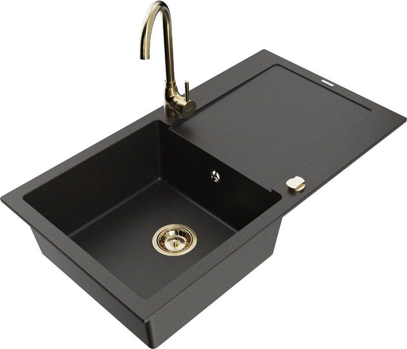 Mexen Leo 1 Becken-Granitspüle mit Abtropffläche und Mischbatterie Telma, Schwarz/Gold Metallisch - 6501-75-670200-50