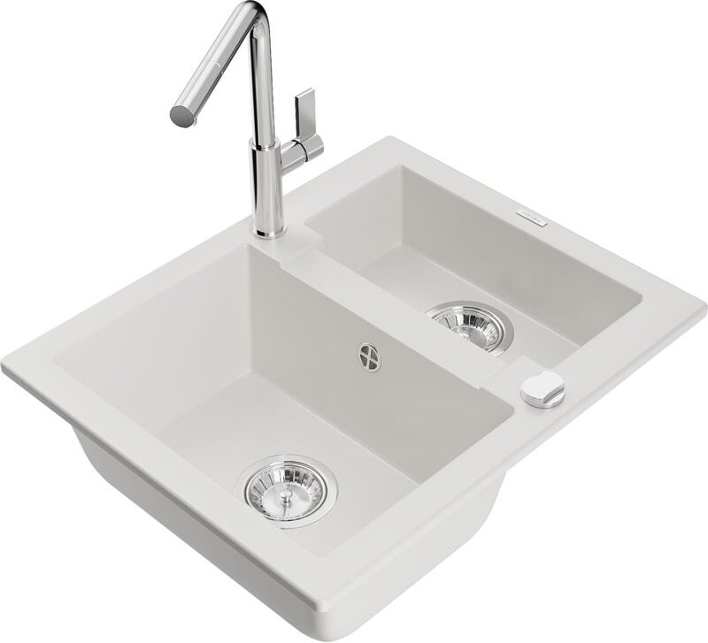 Carlos 1,5-Becken-Granitspüle mit Mischbatterie Flora, Weiß - 6518-20-670401-00 - Mexen