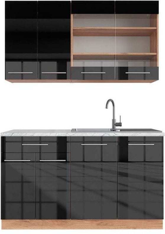 Vicco - Singleküche Fame-Line, Anthrazit Hochglanz/Goldkraft Eiche, 140 cm , ap Marmor