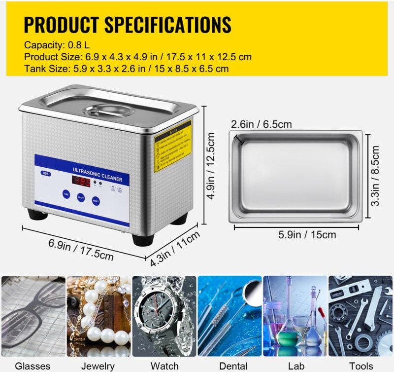 Mophorn - 0.8L Ultraschallreiniger mit digitaler Heizung und Timer für Schmuck- und Brillenreinigung, 35W Edelstahl, für...