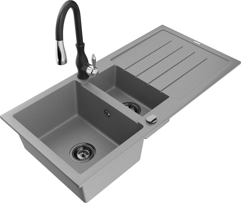 Andres 1,5-Becken-Granitspüle mit Abtropffl√§che und Mischbatterie Savita, Grau - 6515-71-672601-70-B - Mexen