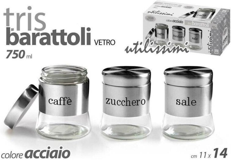 Trade Shop Traesio - Trade Shop - tris barattolino 750ML 11X14CM vetro sale zucchero caffe 772016 acciaio -
