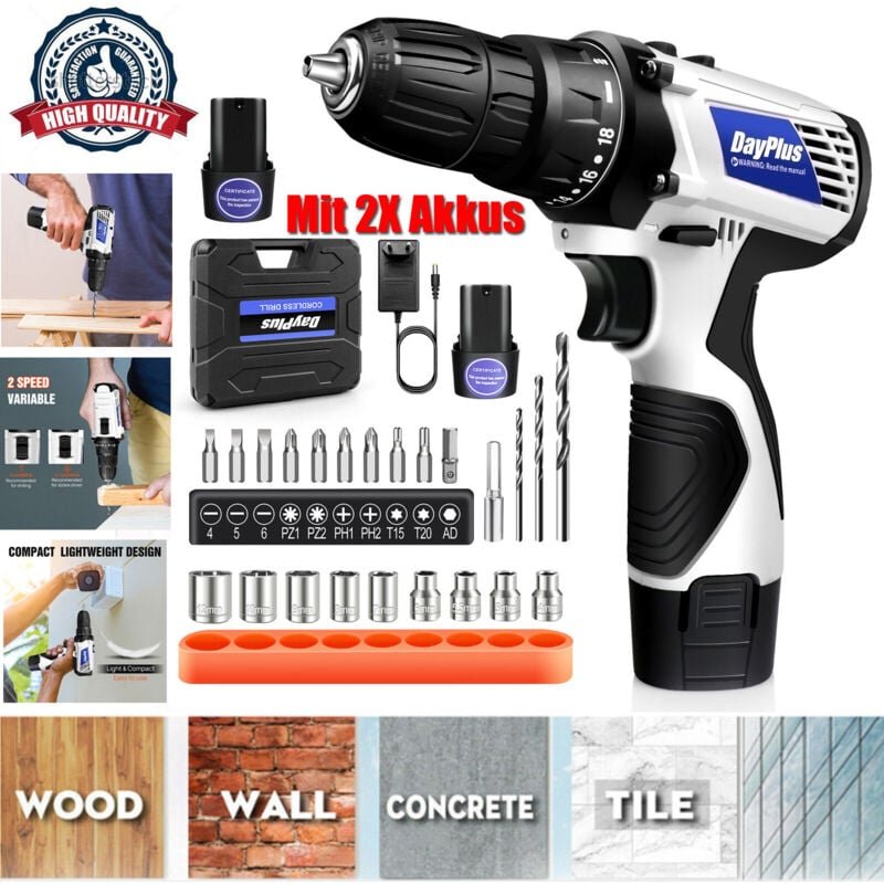 Dayplus - Akkuschrauber mit 2x 1500mAh Li-Ion Akkus Akku Bohrschrauber 45Nm 23pcs