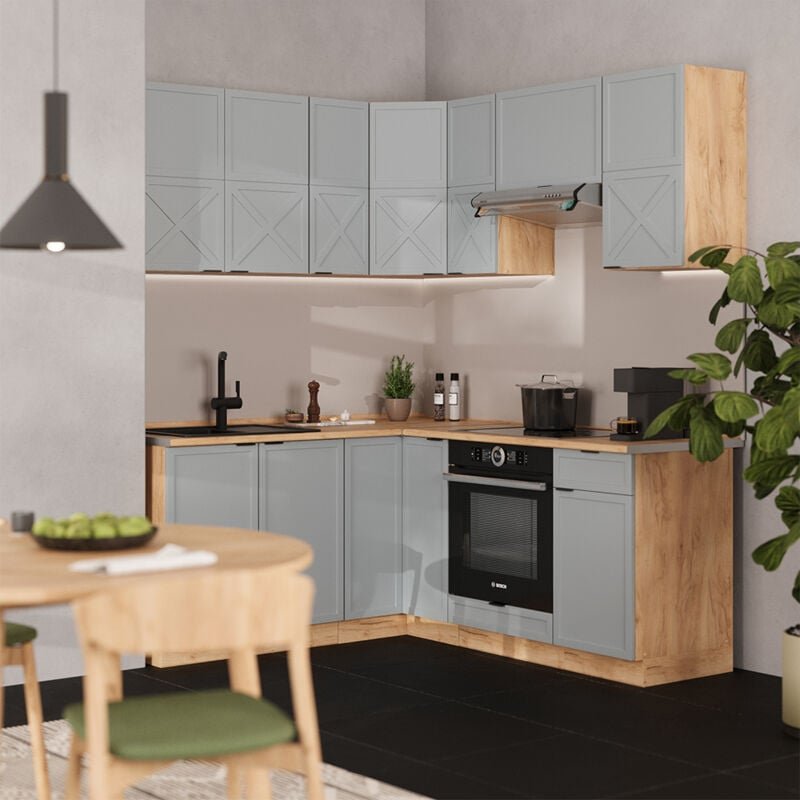 Eckküche Fame-Line, Hellblau-grau/Goldkraft Eiche, 160 x 190 cm , AP Eiche, Vicco