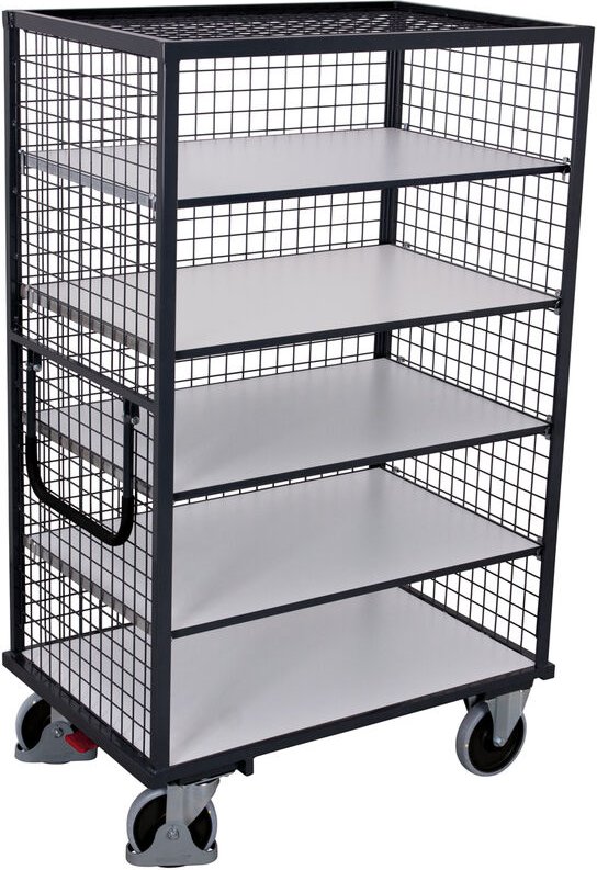 VARIOfit ESD Etagenwagen, außen vergittert mit Schiebebügel und 5 Ladeflächen 1045x685mm