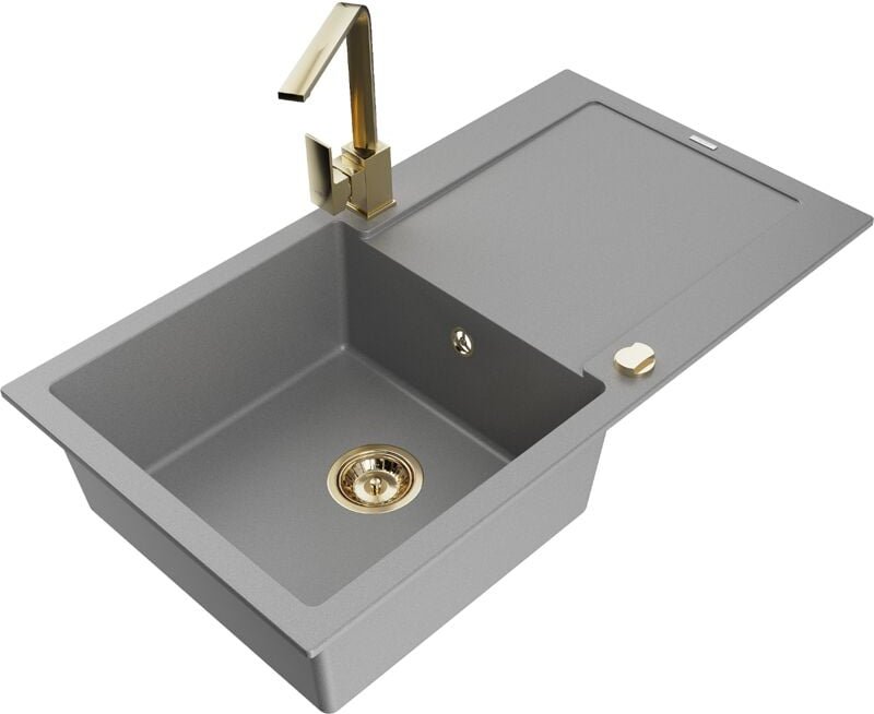 Leo 1 Becken-Granitspüle mit Abtropffläche und Mischbatterie Rita, Grau - 6501-71-670300-50 - Mexen