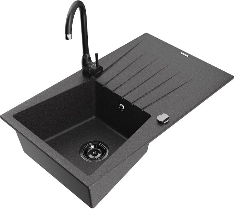 Cesar 1 Becken-Granitspüle mit Abtropffl√§che und Mischbatterie Telma, Schwarz gesprenkelt - 6514-76-670200-70-B - Mexen