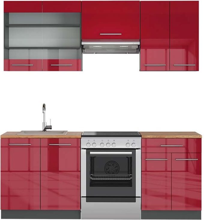 Vicco - Küchenzeile Fame-Line, Bordeaux Hochglanz/Anthrazit, 200 cm , ap Eiche