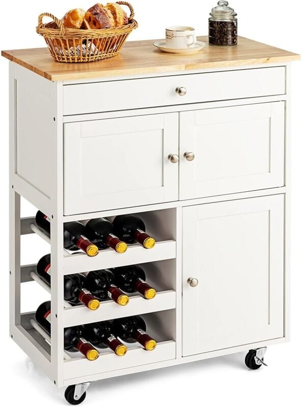 COSTWAY Desserte de Cuisine en Bois d’Hévéa et en MDF à Roulettes avec Tiroir, Porte-Bouteilles à 3 niveaux et 2 Placard...