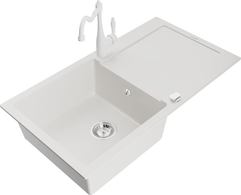 Leo 1 Becken-Granitspüle mit Abtropffläche und Mischbatterie Carla, Weiß - 6501-20-670700-20 - Mexen