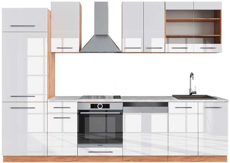 Vicco - Küchenzeile Fame-Line, Weiß Hochglanz/Goldkraft Eiche, 300 cm , ap Marmor