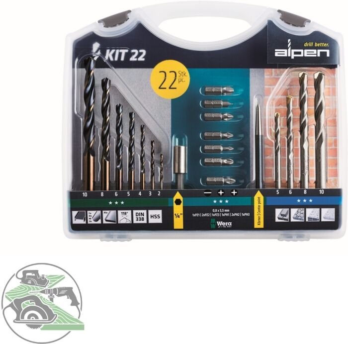 Alpen - Bohr- und Schraubset kit 22 mit Kunststoffkoffer 22-tlg MZ-Set, Bits