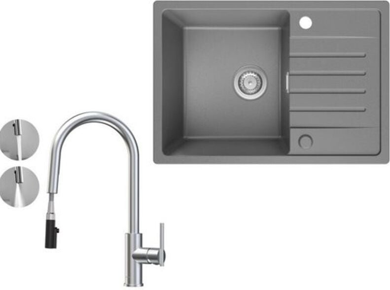 Küchenspüle 65x45cm Granitspüle Grau Mit Abtropffläche + Ausziehbarer Küchenarmatur gebürstete Mit 2 Strahlarten Küche W...