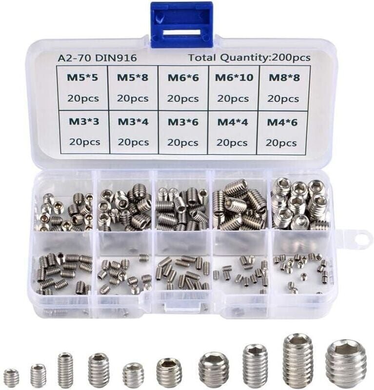 200-teiliges Inbusschrauben-Set aus Edelstahl mit Sechskant-Madenschrauben, metrisch, professionelles Metallzubehör, M3,...