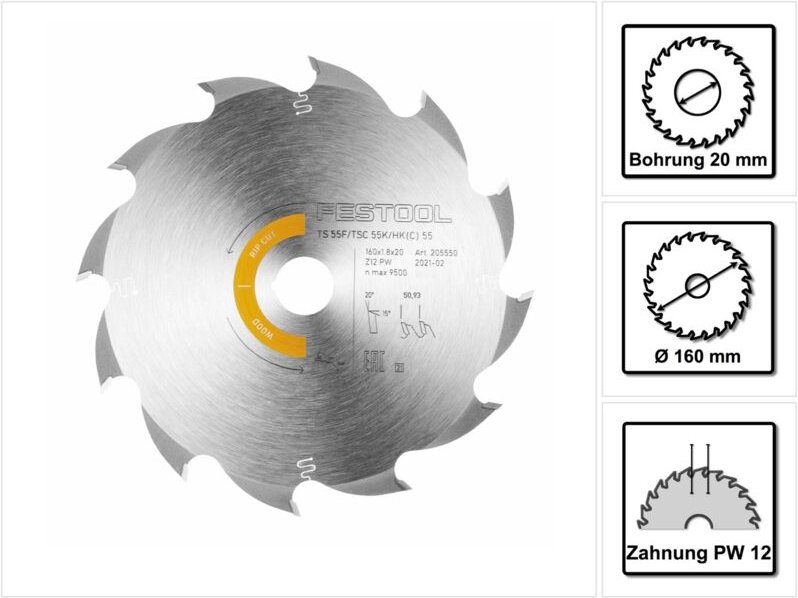 Kreissägeblatt wood rip cut hw 160x1,8x20 PW12 – 205550 - Festool