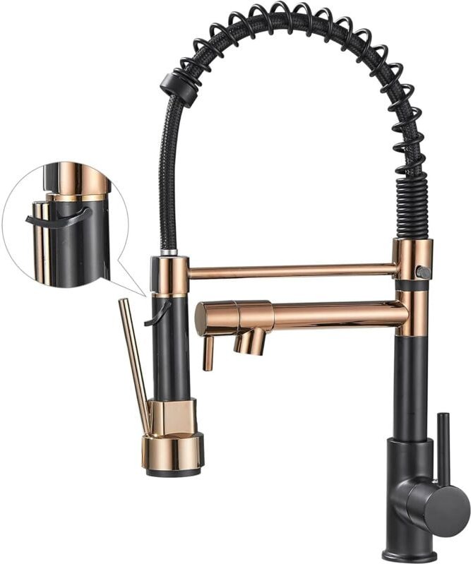 Küchenarmatur mit ausziehbarer Brause, Hochbogen-Mischbatterie für die Küchenspüle, Schwarz und Roségold