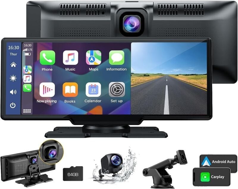 Kabelloses Apple Carplay und Android Auto, Autoradio mit 2K-Front-Dashcam, 1080P-Rückkamera, tragbar, 9,26-Zoll-Touchscr...