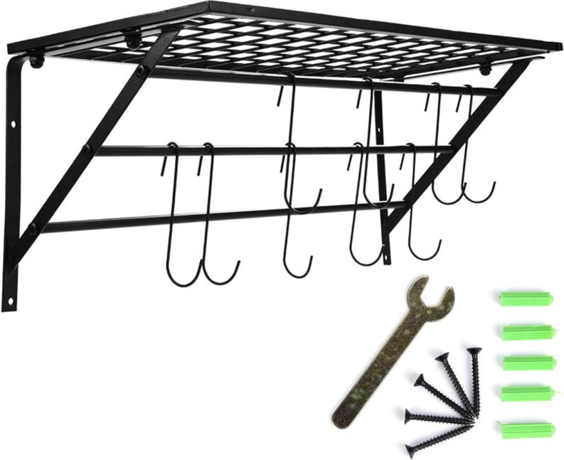 Zoternen - Topfregal zum Aufhängen, Metall, schwarz, Wandmontage, mit 10 Haken, Küchen-Organizer