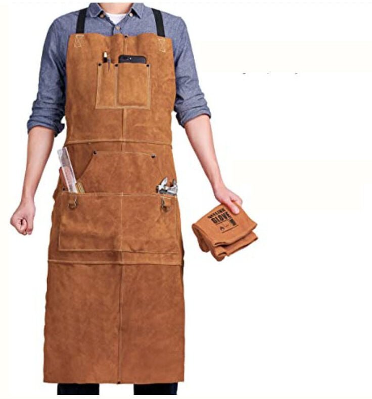 Thumbnail - Schweißerschürze mit 6 Taschen, flammhemmende Anti-Hitze-Arbeitsschürze aus Leder, Tischlerschürze für Herren, verstellb...