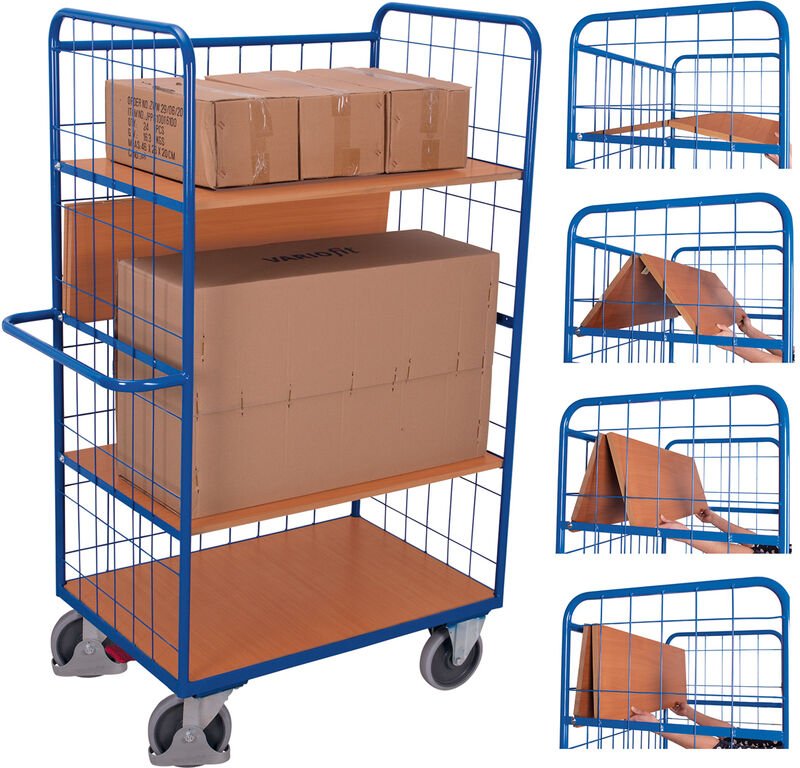 VARIOfit Etagenwagen, hoch und vergittert mit 4 klappbaren Ladeflächen 975x700mm