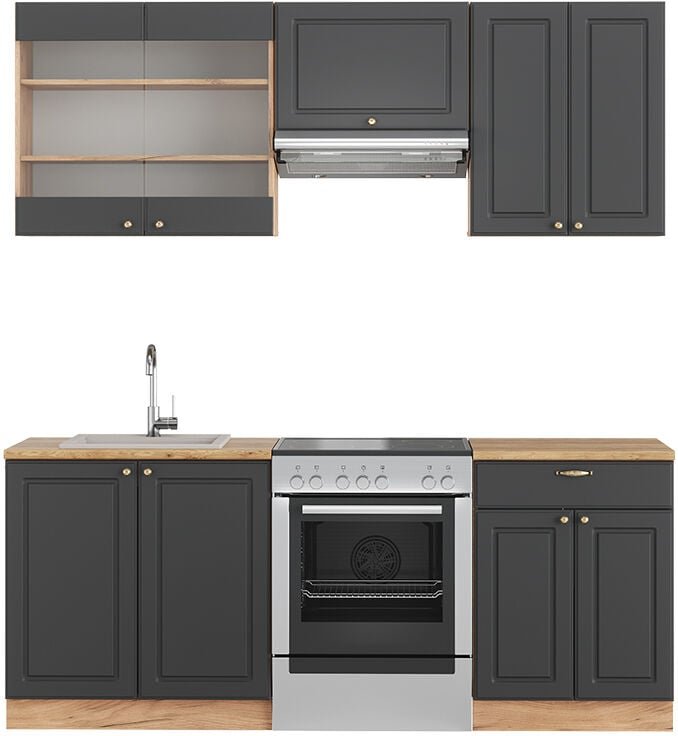 Vicco - Küchenzeile Fame-Line, Anthrazit Landhaus/Goldkraft Eiche, 200 cm , ap Eiche