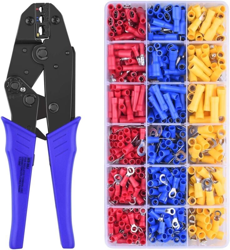 Crimpzange mit 700 Stück, Ratsche für vorisolierte Kabelschuhe, Schrumpfschlauch-Verbindungsset