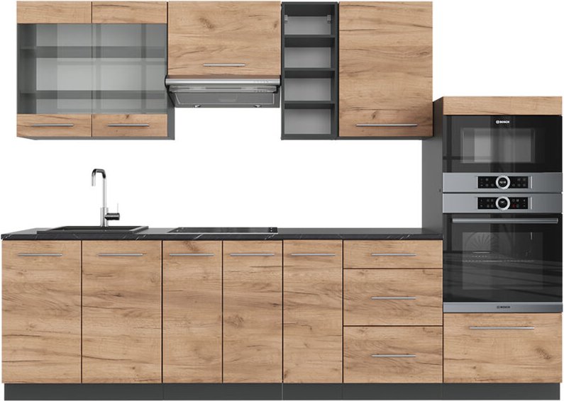 Vicco - Küchenzeile Fame-Line, Goldkraft Eiche/Anthrazit, 280 cm ohne Arbeitsplatte