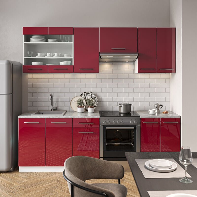 Vicco - Küchenzeile Fame-Line, Bordeaux Hochglanz/Weiß, 240 cm , ap Anthrazit