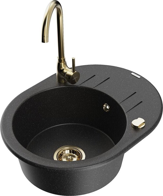 Kevin 1 Becken-Granitspüle mit Abtropffl√§che und Mischbatterie Telma, Schwarz/Silbermetallic - 6517-73-670200-50 - Mexe...