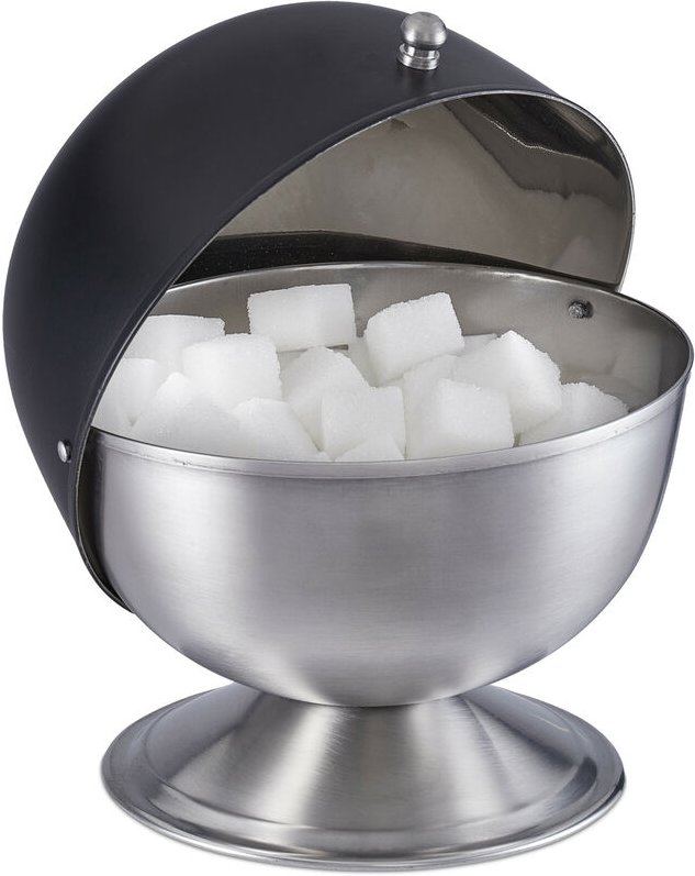 Zuckerdose, Edelstahl, Zuckerkugel mit Deckel, für Würfelzucker & Bonbons, HxD: 15,5 x 14 cm, schwarz/silber - Relaxdays